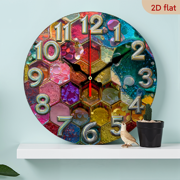 Glamorous Golden Glitter 10-inch Round Wooden Wall Clock, Silent Non-Ticking, Geometric Mosaic Design in Golden, Pink, Purple Blue, Wood Veneer Finish - Battery Operated Included