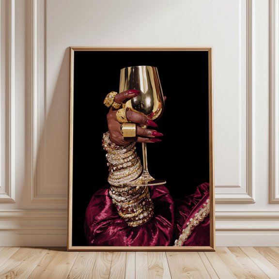 Glamorous Hand Holding Gold Wine Glass Wall Art Print Rich Fashion Style, Unframed Paper Print
