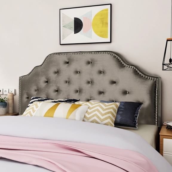 Glamorous Headboard In Smooth Grey Velvet For Queen & Full Sized With Button Tufting Accents Charming Charisma