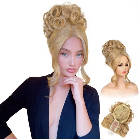 Glamorous Light Blonde Curly Updo Wig with Bangs - 2-in-1 Messy Bun Drawstring Ponytail Extension for Women Party, Club & Holiday Social Events