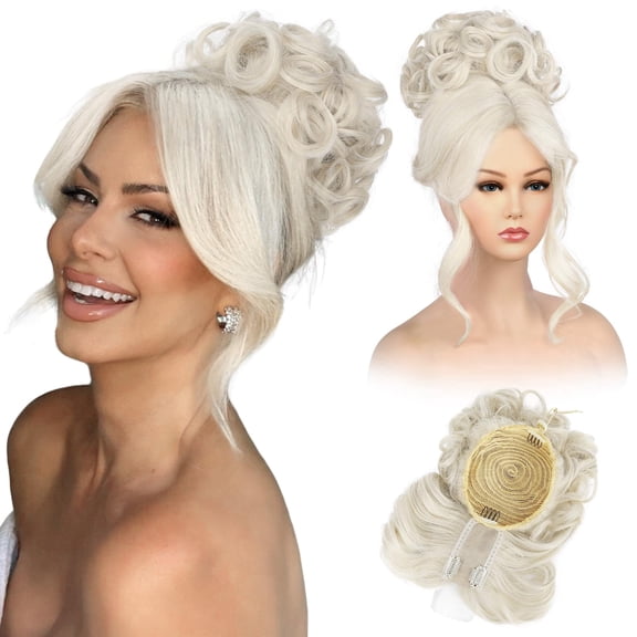 Glamorous Light Blonde Curly Updo Wig with Bangs - 2-in-1 Messy Bun Drawstring Ponytail Extension for Women Party, Club & Holiday Social Events