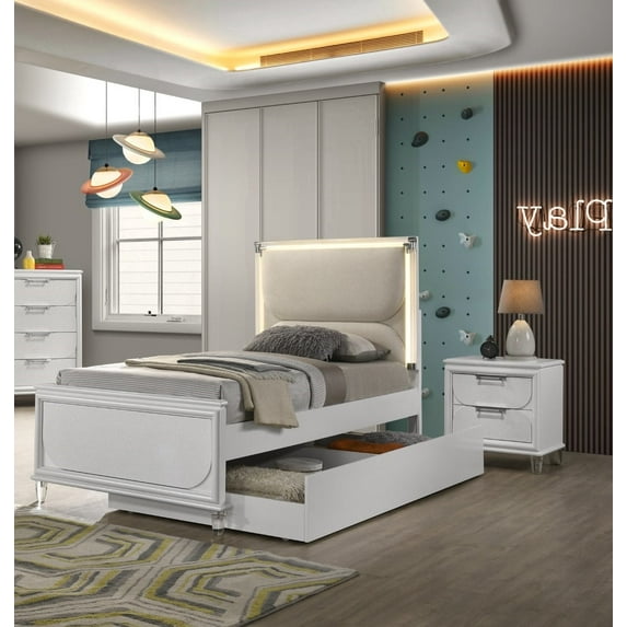 Glamorous Look Pearl White 3pc Bedroom Set Twin Size Bed w Trundle LED Light Embossed Panels 2xNightstands Contemporary Style