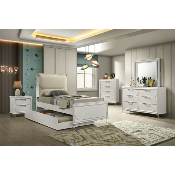 Glamorous Look Pearl White 4pc Bedroom Set Full Size Bed w Trundle Embossed Panels Dresser Nightstand Contemporary Style