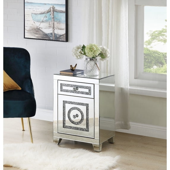 Noralie Accent Table Boasting Mirrored Exterior & Faux Diamonds, Fully Assembled