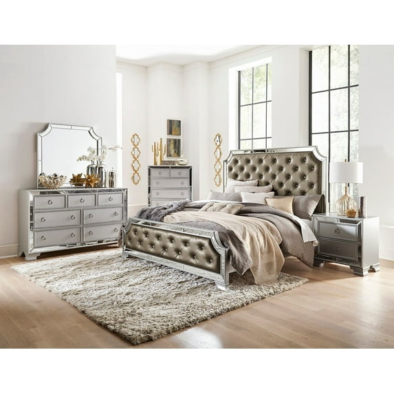Glamorous Mirrored Framing 4pc Bedroom set Queen Bed Button-Tufted Silver Finish Nightstand Mirror Dresser