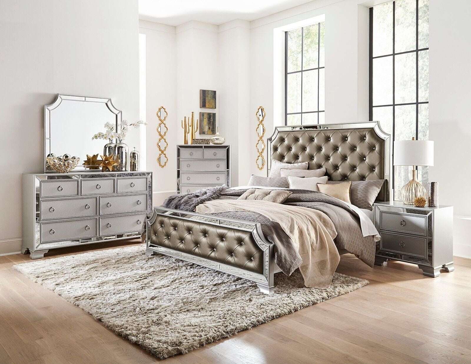 mirrored bedroom dresser Coaster Ives Gray High Gloss 6-Drawer and Mirror  Luna Furniture Featuring six spacious drawers Glamorous Mirrored Framing 5pc Bedroom