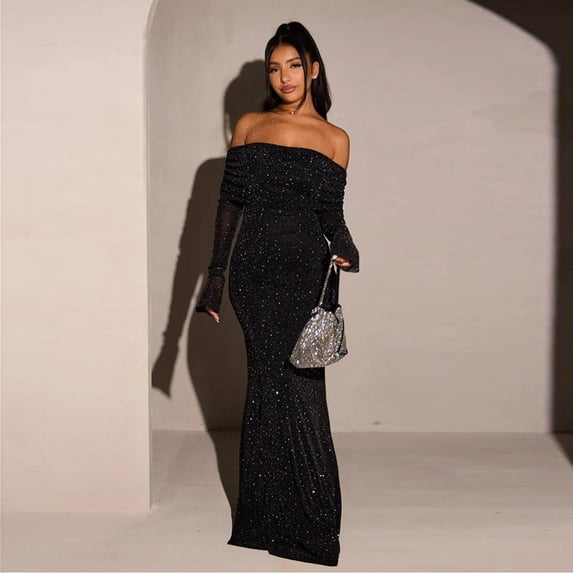 Glamorous Off-Shoulder Glitter Evening Gown