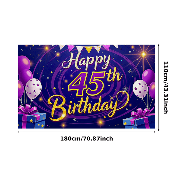 Glamorous Purple Themed 45th Birthday Banner with Balloons Stars and Gifts Party Backdrop Decor for Birthday Party Celebrations Photography Props Decorations