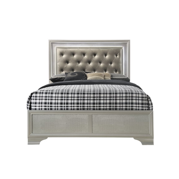 Glamorous Queen Bed With Crocodile Skin Upholstery And Built-in Led Lights Headboard Cleanability Size Slat Base
