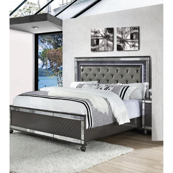 Glamorous Queen Bed With Support Legs, Upholstered Headboard, And Gray Faux Leather Modern Led Lights, Solid Wood Frame