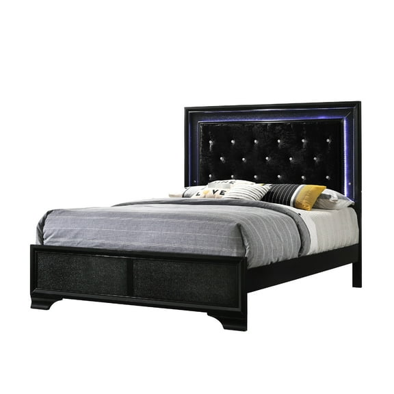 Glamorous Queen Size Led Bed With Upholstered Headboard And Diamonds In Black Legs, Support Tufting Crystal Inlay Robust Frame