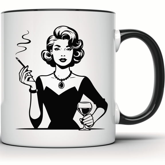 Glamorous Retro Lady Mug - 50s Style Pinup with Wine Glass & Cigarette - Vintage Fashion Coffee Cup for Sophisticated Drinkers - 11 Ounce Black Rim Handle Novelty Coffee Cup - WMUG1869-BLK