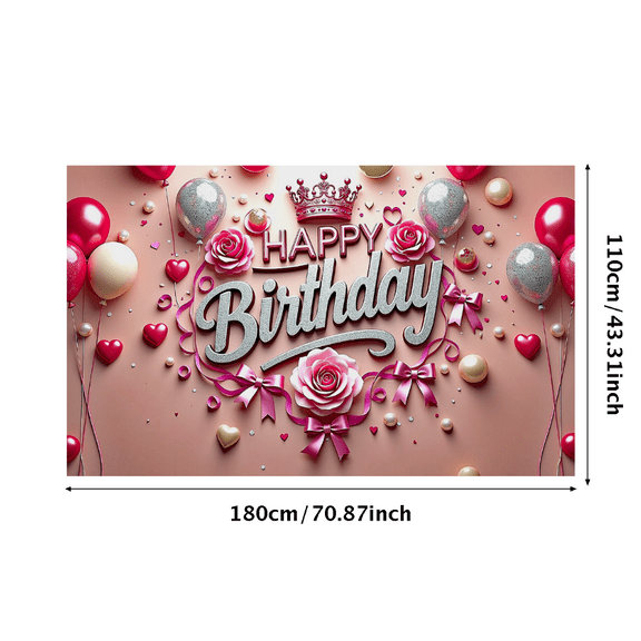 Glamorous Rose Heart Themed Happy Birthday Banner Backdrop Party Decoration for Birthday Party Photography Props Balloon Decorations