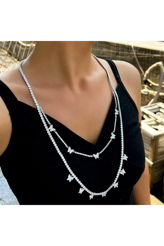 Glamorous Round CZ Bridal Dangle Drop Butterfly Charms Two Layered Long Necklace