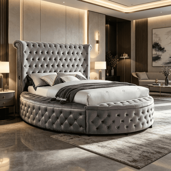 Glamorous Round King Size Bed with Storage, Velvet Upholstery, Tufted Headboard, USB Ports, Modern Wingback Design