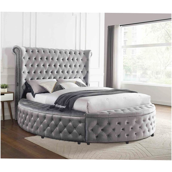 Glamorous Round Upholstered King Size Bed with Storage, USB Ports, and Velvet Fabric for Primary Bedroom