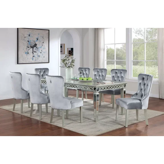 Glamorous Silver 9pc Dining Set Mirror Accents Table w Leaf Gray Wingback Chairs Button Tufted Upholstered Dining Room