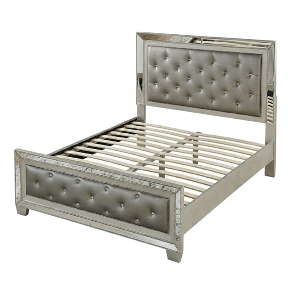 Glamorous Silver Faux Leather Tufted Headboard FB 1pc California King Size Bed Mirror Trim Bedroom Furniture