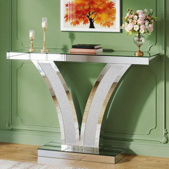 Glamorous Silver Mirrored Console Table with Crystal Inlays for Living Room & Entryway | Modern Glam Accent Sofa Table | Durable, Stylish Home Decor