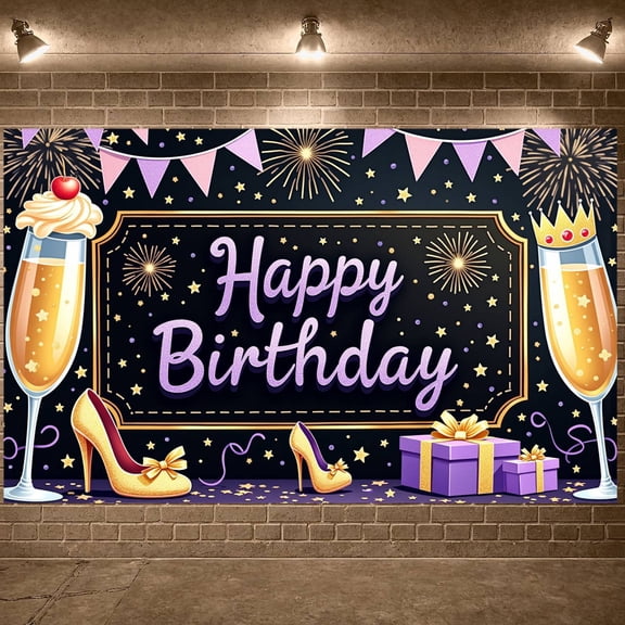 Glamorous Style Banner Purple Gold Color Party Backdrop Sparkling Fireworks Champagne Glasses Celebration Background for Adult Birthday Party Women's Celebration Birthday Photo Shoot