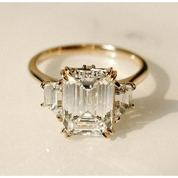 Glamorous Three Stone Moissanite Engagement Ring Emerald Cut 14K Solid Yellow Gold Baguette Wedding Promise Ring