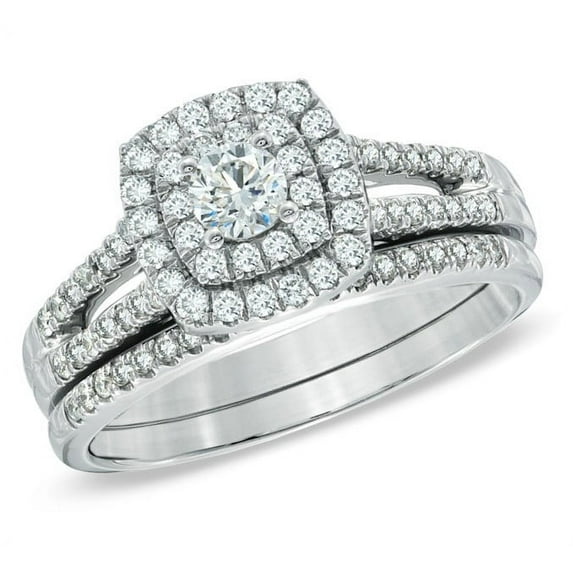 Glamorous Twin Halo Cheap Diamond Bridal Set 1 Carat Round Cut Diamond on Gold