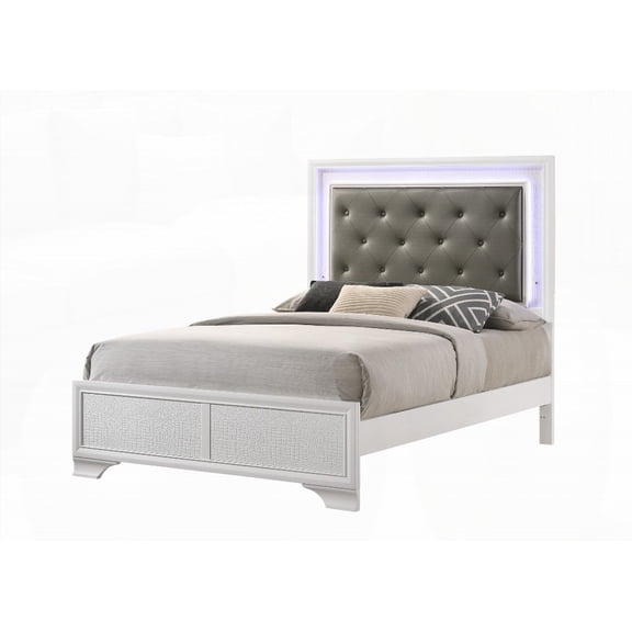 Glamorous White Full Size Bed Featuring Crocodile Skin Finish & LED Illuminated Upholstered Headboard