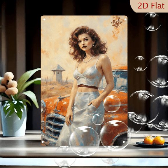 Glamorous Woman & Vintage Orange Car Impressionist Oil Painting Wall Art, 8x12 Inches Metal Print, Pin-Up Style Retro Portrait with Dusty Landscape Background for Home Decor