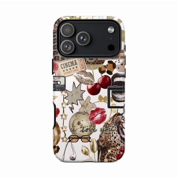 Glamorous Y2K Collage Phone Case, Leopard Print Disco Ball Lips Stars Art Cover for iPhone 17 16 15 14 13 12 11 Pro Plus Mini