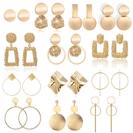 Glamorously Striking Set of 13 Pairs Statement Drop Pendant Earrings, Classy Gold Toned Studs and Fashionable Grand Geometric Earrings for Women