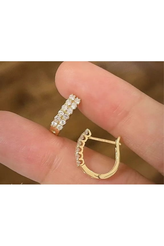 14K Yellow Gold Plated 2 Ct Round Cut Lab Created VVS1/D Diamond Two Row Hoop Huggie Earrings 925 Silver