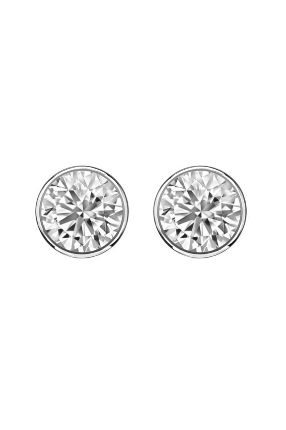 Stud Earrings for Women 14K White Gold Plated 925 Sterling Silver, 2 Ct Round Cut Diamond Lab Created Bezel Stud Earrings