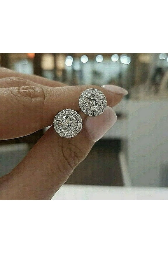 Stud Earrings for Women Anniversary Gift 2Ct Round Lab Created Diamond Halo Stud Earring 14K White Gold Plated