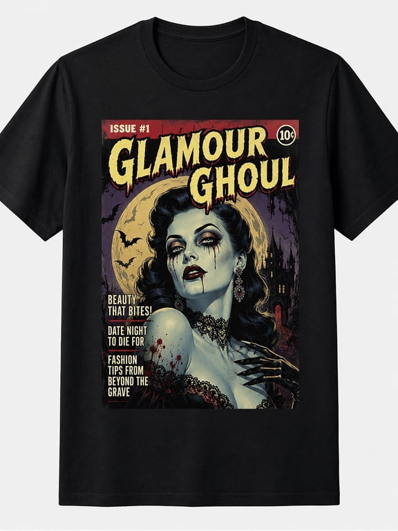 Glamour Ghoul Vampire Woman Comic Book Cover Vintage Grunge Y2K Graphic Crewneck Cotton Unisex Tee Shirt