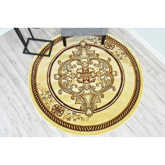 Glamour Thick Plush Oriental Area Rug Traditional Carpet Floral Medallion Design-206 (5'3"x5'3" Round,Cream)