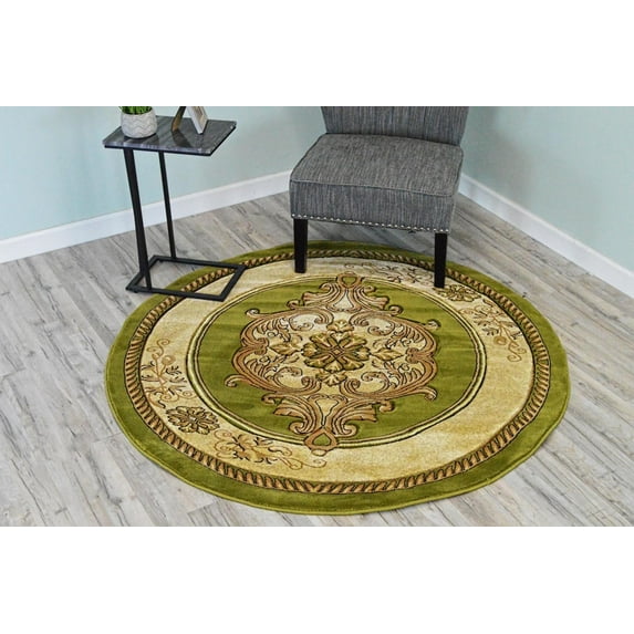 Glamour Thick Plush Oriental Area Rug Traditional Carpet Floral Medallion Design-206 (5'3"x5'3" Round,Green)
