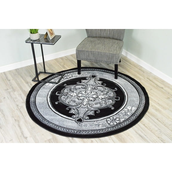 Glamour Thick Plush Oriental Area Rug Traditional Carpet Floral Medallion Design-206 (5'3"x5'3" Round,Grey)