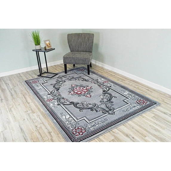 Glamour Hand Carved Thick Plush Pile Boho Traditional Oriental Floral Area Rug Carpet For Living Room Bedroom (Grey Red, 2' 6" x 3' 9" Doormat)