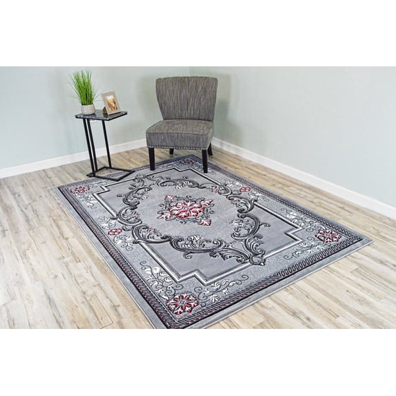 Glamour Thick Plush Oriental Area Rug Traditional Carpet Floral Medallion Design-206 (5'2"x7'5",Grey-Red)