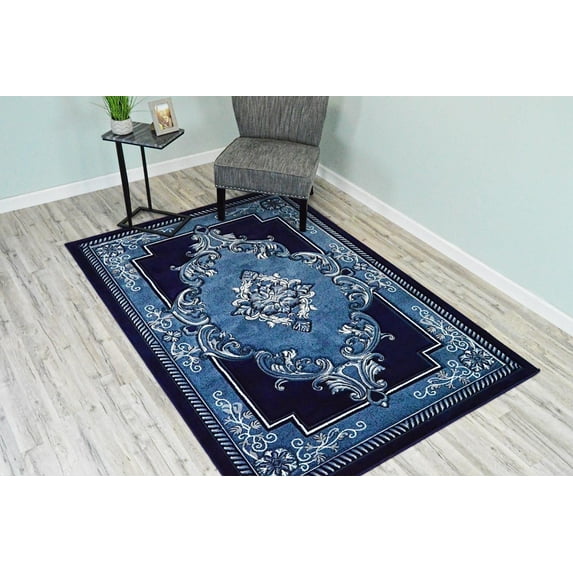 Glamour Thick Plush Oriental Area Rug Traditional Carpet Floral Medallion Design-206 (3'9"x5'3",Navy)