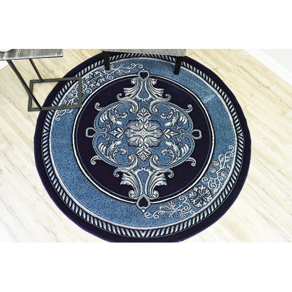 Glamour Thick Plush Oriental Area Rug Traditional Carpet Floral Medallion Design-206 (7'8"x7'8" Round,Navy)