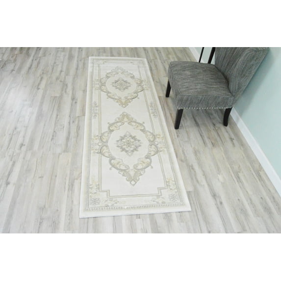 Glamour Hand Carved Thick Plush Pile Boho Traditional Oriental Floral Area Rug Carpet For Living Room Bedroom (Pearl Cream, 2' 6" x 7' 9" Runner)