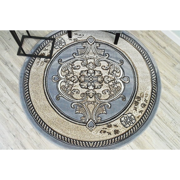 Glamour Hand Carved Thick Plush Pile Boho Traditional Oriental Floral Area Rug Carpet For Living Room Bedroom (Sand Grey Cream, 5' 3" x 5' 3" Round)