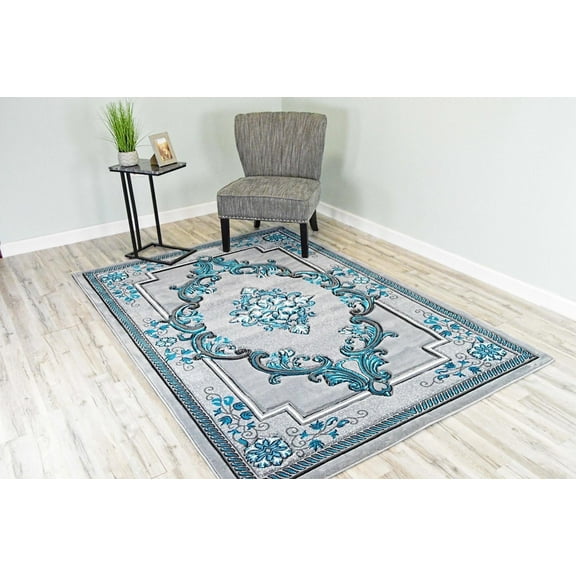 Glamour Thick Plush Oriental Area Rug Traditional Carpet Floral Medallion Design-206 (2'6"x3'9",Grey-Turquoise)