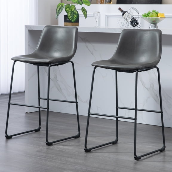 Set of 2 Adan Iron Frame Vintage Gray Faux Leather Bar Stool