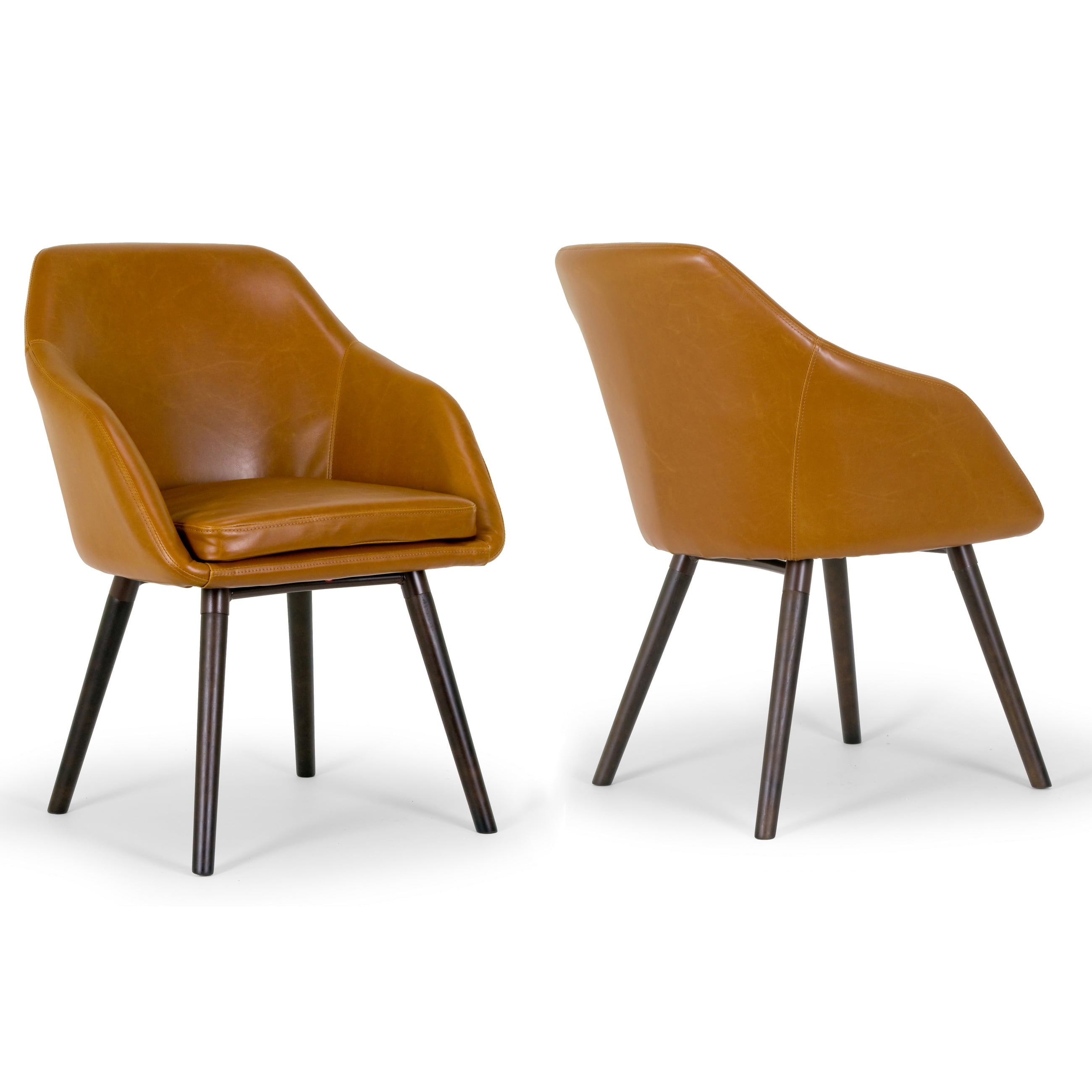 Caramel Brown Faux Leather Wood Accent Armchair, Set of 2