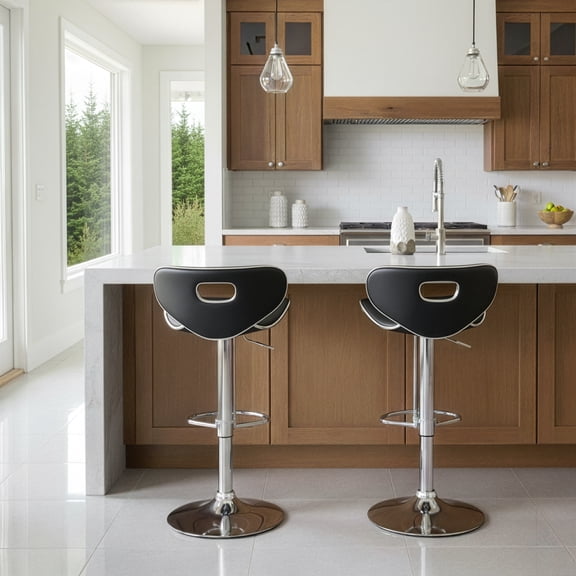Set of 2 Adria Black Faux Leather Chrome Frame Adjustable Height Bar Stool
