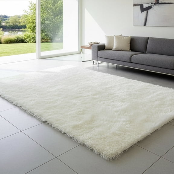 Aileen Faux Sheepskin Fur Area Rug White Rectangular 7x5