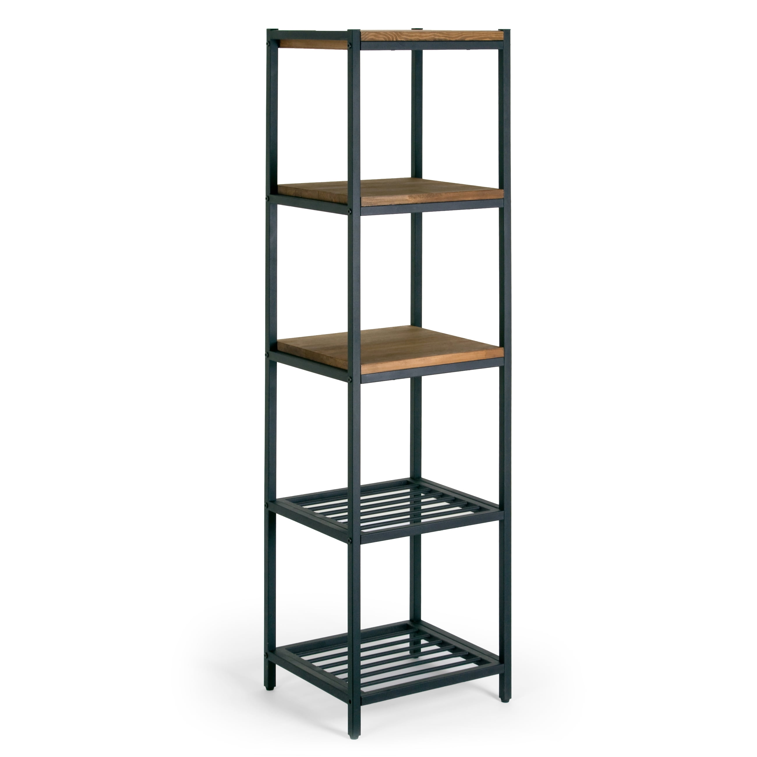 Modern Industrial Black Metal and Pine Wood Etagere Bookcase