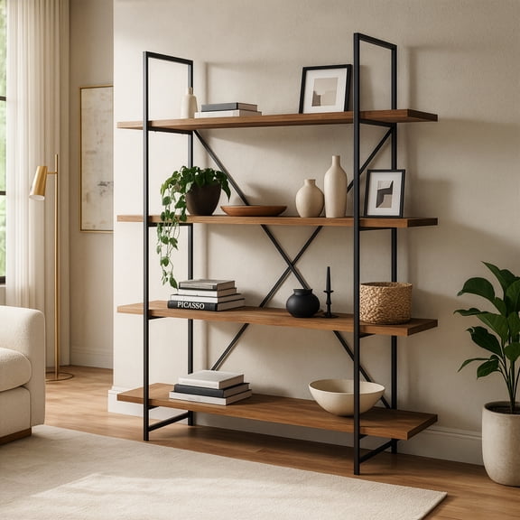 Ailis 75" Brown Pine Wood Metal Frame Etagere Bookcase Four-shelf Media Center